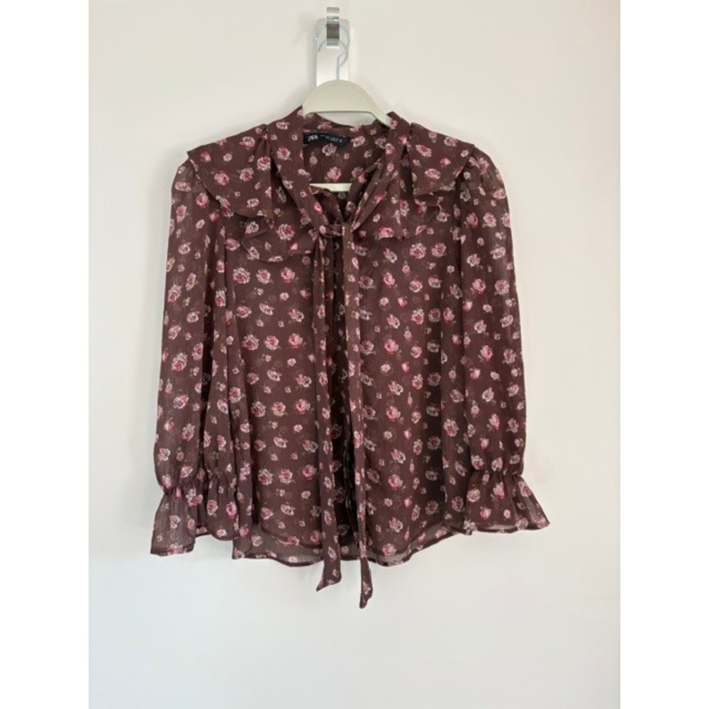 Zara Floral Ruffle Tie Neck Blouse Brown Pink Rose Print Sheer Long Sleeve S